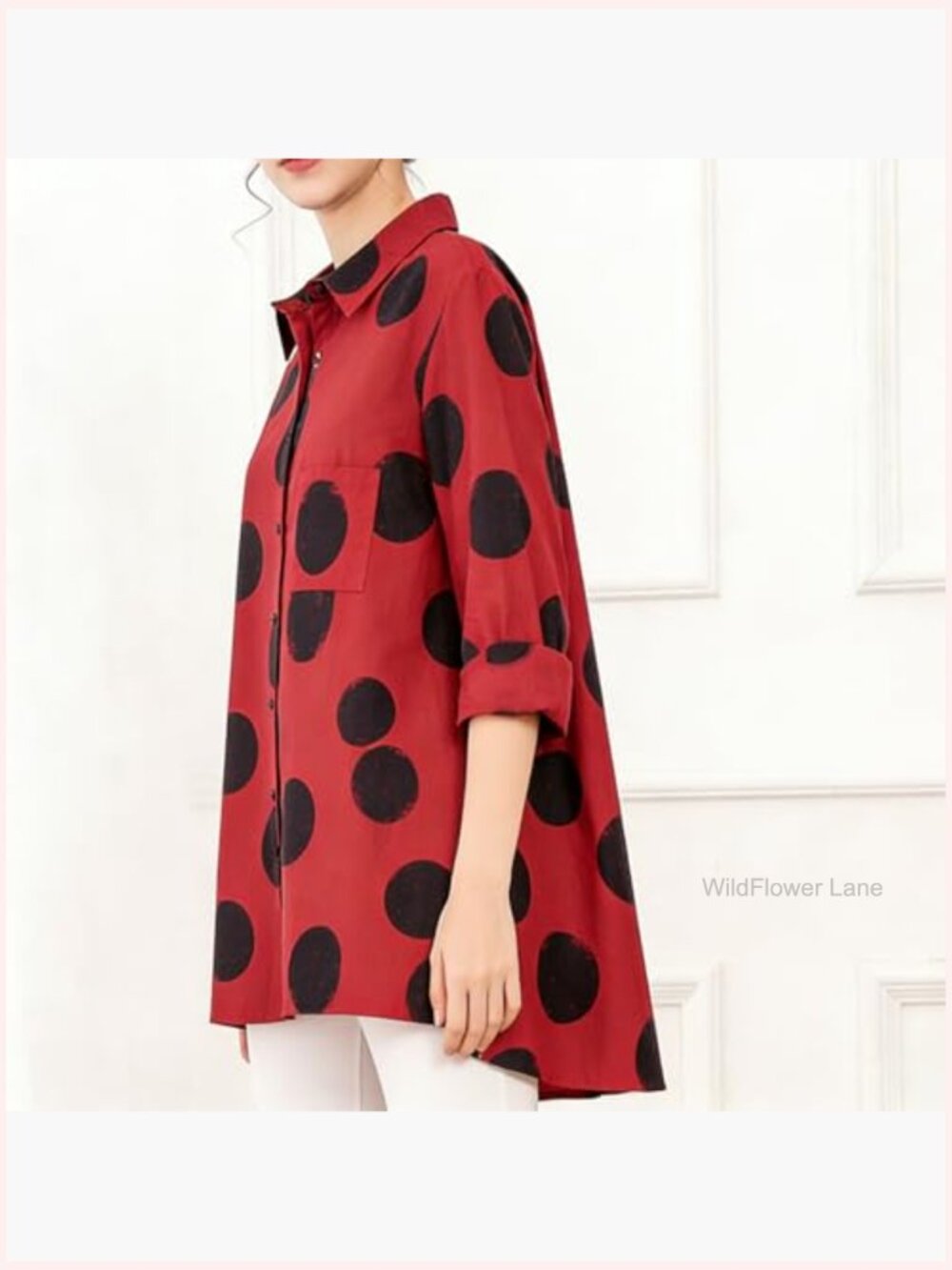 Women's Polka Dot Button Down Tunic Blouse Long Sleeve Cotton Shirt - Picture 3 of 7
